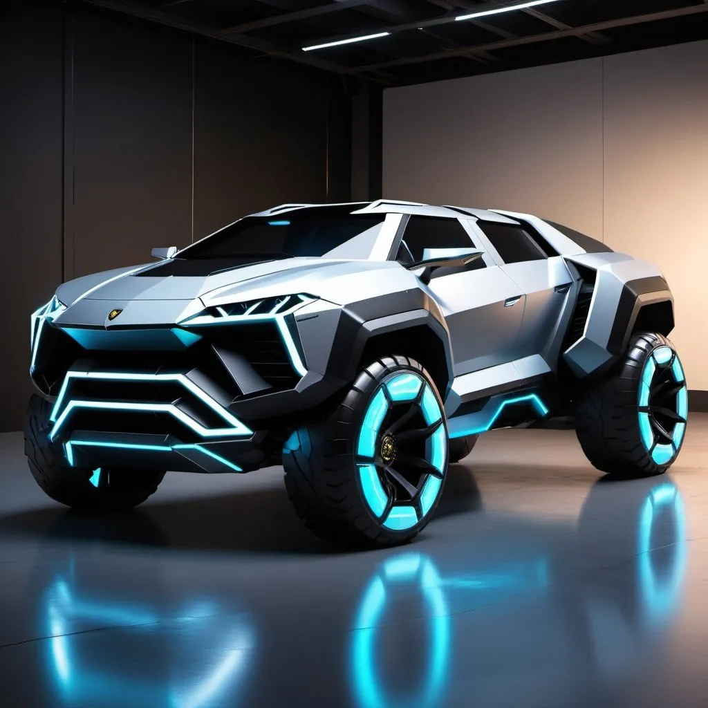 Prompt: concept of a futuristic 6-wheeled pickup truck Lamborghini with linear lights