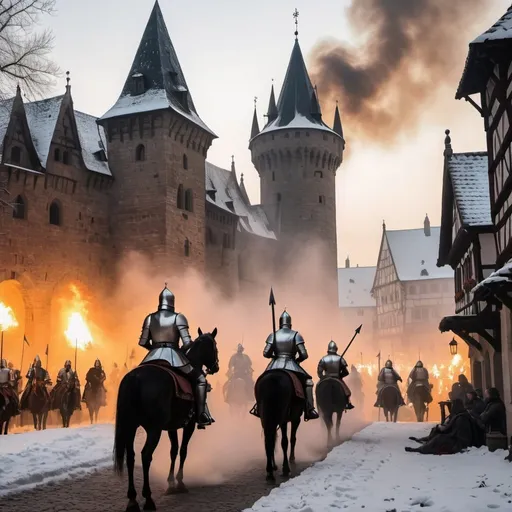 Prompt: ancient city, Medieval atmosphere, A lot of smoke and fog, Knights on horseback, a lot of soldiers fighting in the area, Traditional clothing including capes, hats and armor, Classic swords and spears, dark Castles in the background with Gothic style architecture, The fireplaces are lit, flags are raised, The floor is covered with snow, Germany, winter 1390 A.D