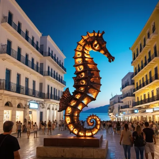 Prompt: giant statue of a Seahorses made of iron, Oxidized, Aristotelous Square in Greece, neon lights, touristic atmosphere, lots of people in area, many of visitors.