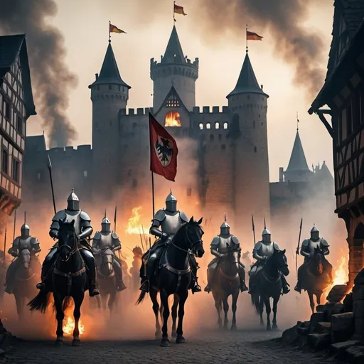 Prompt: ancient city, Medieval atmosphere, A lot of smoke and fog, Knights on horseback, soldiers fighting, Traditional clothing including capes, hats and armor, battle shield, Classic swords and spears, dark Castles in the background with ancient style architecture, The fireplaces are lit, flags are raised, blood, Germany 1000 A.D