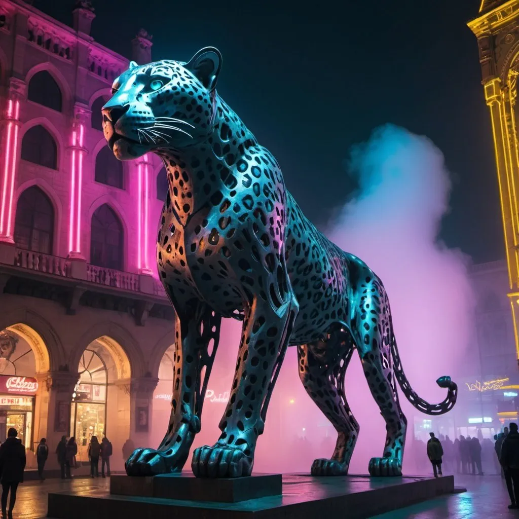 Prompt: giant statue of a wild leopard made of iron, neo gothic style,neon lights, in the plaza, busy place, futuristic atmosphere, artistic people, fog.