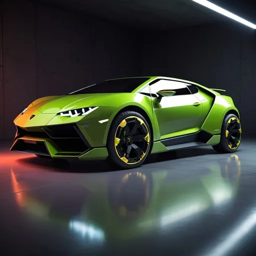 Prompt: concept of a mini Lamborghini, hatchback 2-door, linear lights, futuristic