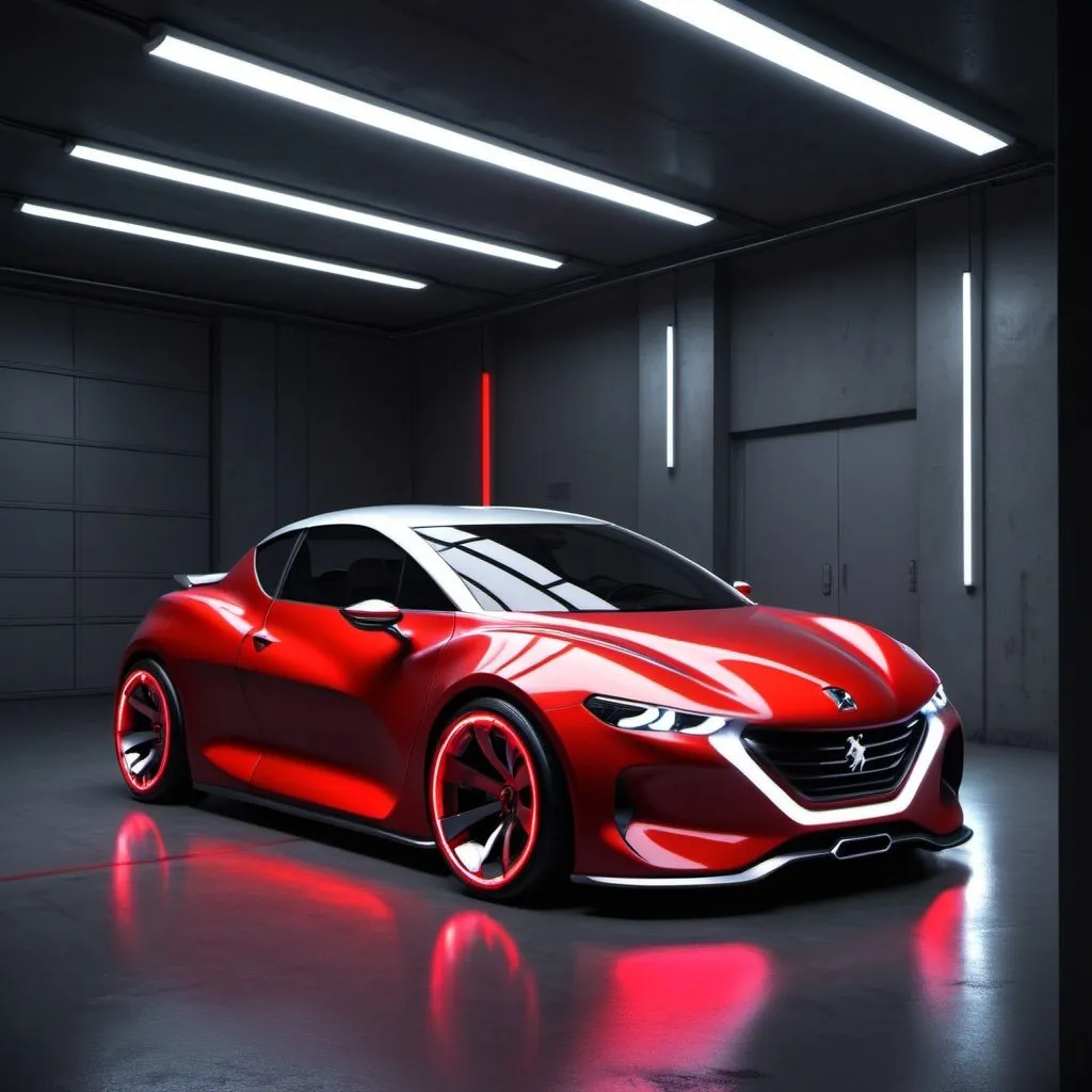 Prompt: concept of a futuristic Peugeot 206 inspired by nissan 350z with linear lights, red, garage, neon lights 