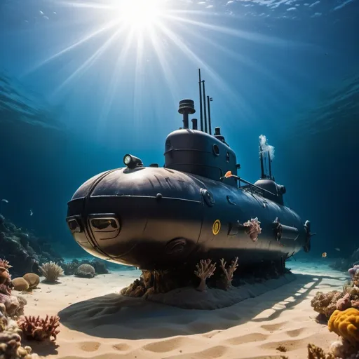 Prompt: Image of a scientific research submarine navigating the ocean.  Aquatic creatures are swimming, including fish, table fish, sharks, crabs, starfish, and corals.  Ocean floor sand, sunlight reflection. national geographic atmosphere.