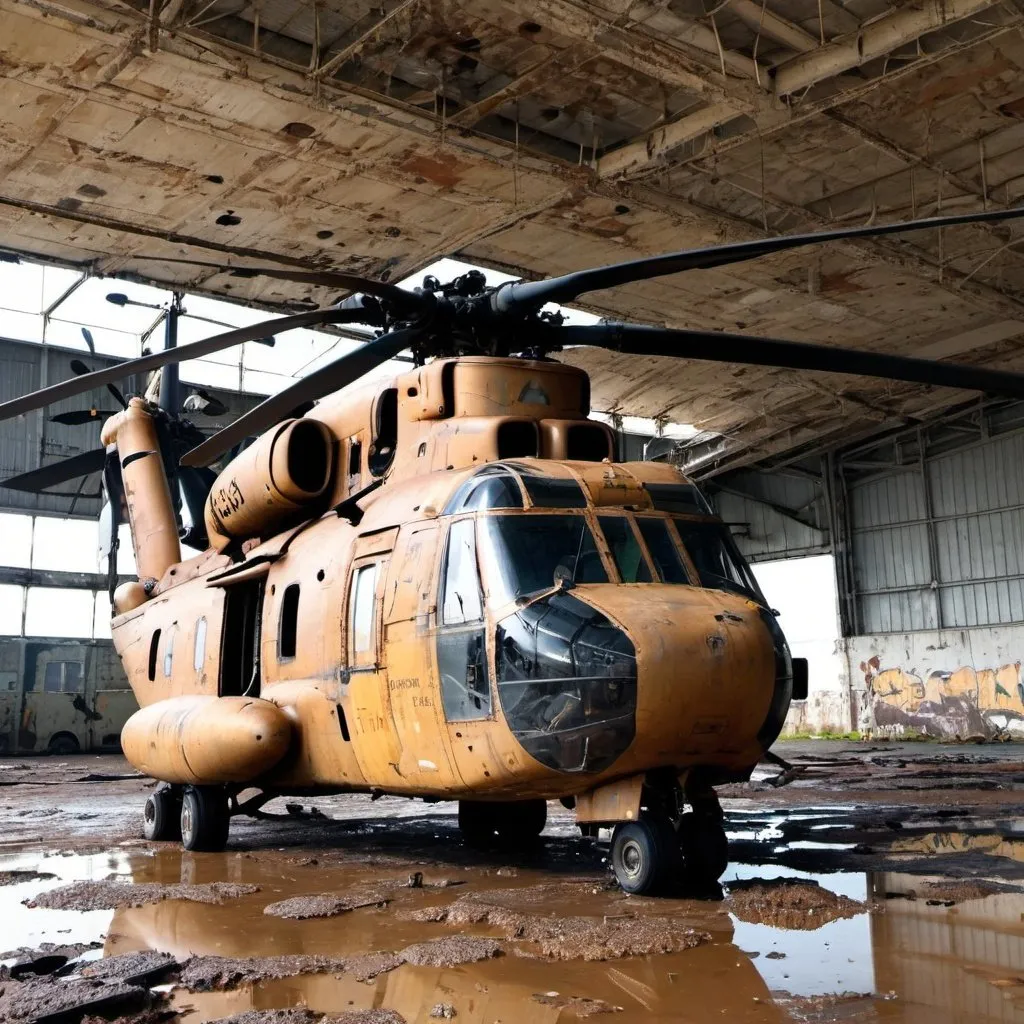 Prompt: abandon Sikorsky CH-53E Super Stallion parked in an old football stadium,  Dilapidated plane, a lot of rust, very worn out, very Rusty, damaged, Muddy land, Industrial waste, Metal pipes, industrial fan left on the ground, dirty water, summer.