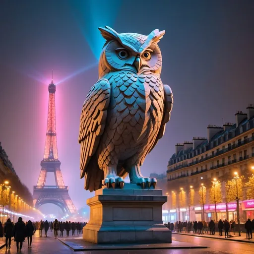 Prompt: giant statue of an owl made of stone, Neoclassical Sculpture, neon lights, Eiffel tower in background, Paris, busy place, futuristic atmosphere, artistic people, fog, winter.