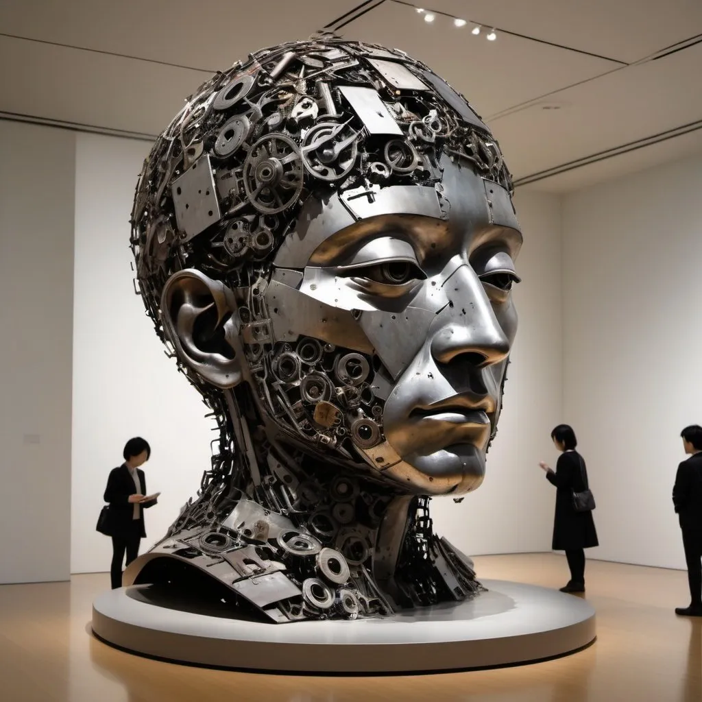 Prompt: An abstract sculpture of philosophy made from discarded metal parts, creative, the Mori Art Museum in Tokyo, digital arts, crowd, futuristic atmosphere.