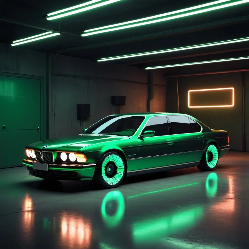 Prompt: concept of a futuristic bmw 767il, dark green, garage, neon lights 