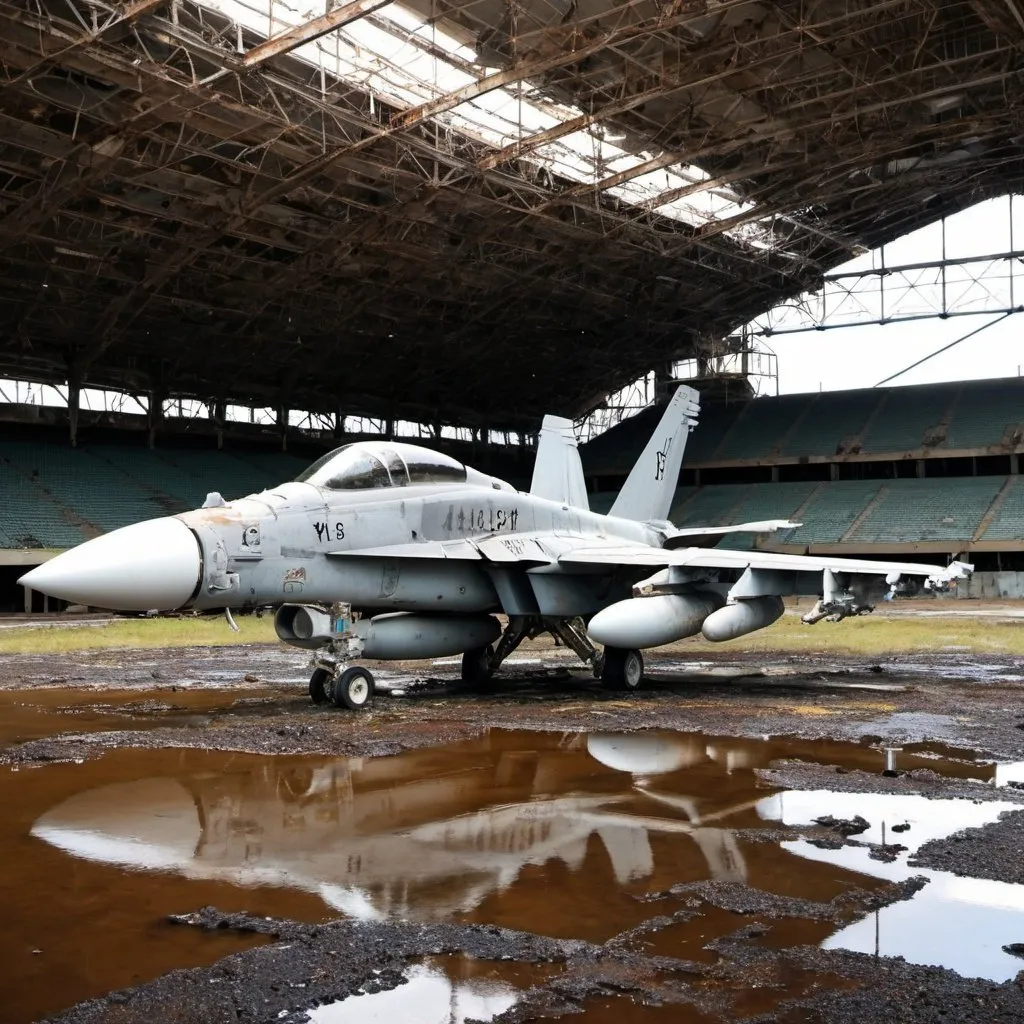 Prompt: abandon Boeing EA-18G Growler parked in an old football stadium, Dilapidated aircraft, a lot of rust, very worn out, very Rusty, damaged, Muddy land, Industrial waste, Metal pipes, industrial fan left on the ground, dirty water, many women walking, summer.