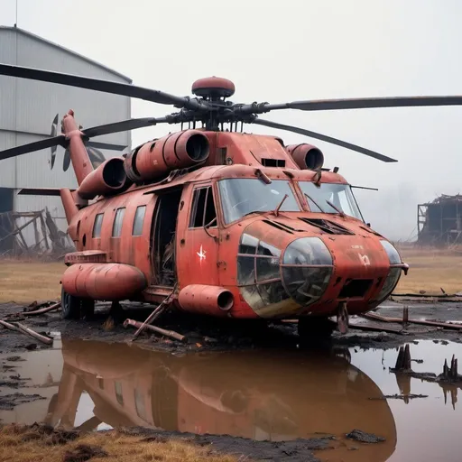 Prompt: abandoned British Centurion parked in an old military airport, a Sikorsky CH-53E Super Stallion in background, Dilapidated plane, a lot of rust, very worn out, very Rusty, damaged, Exploded buildings, Muddy land, Industrial waste, Metal pipes, industrial fan left on the ground, dirty water, thick fog, burning firewood,fire, neon lights, red lighting, Mechanical tools, side view, documentary atmosphere.
