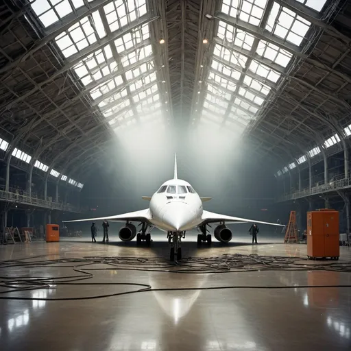 Prompt: A large hall with a glass ceiling and a concrete floor, windows, abandoned concorde airplane parked, metal cables hanging from the ceiling and twisted, cables reaching the floor, long, bent and twisted, metal cable, creative, abstract, postmodern, the floor is filled with metal cables, untidy, disorderly, Two people in the background, mechanics engineer, taking notes, fog and smoke, orange lights.