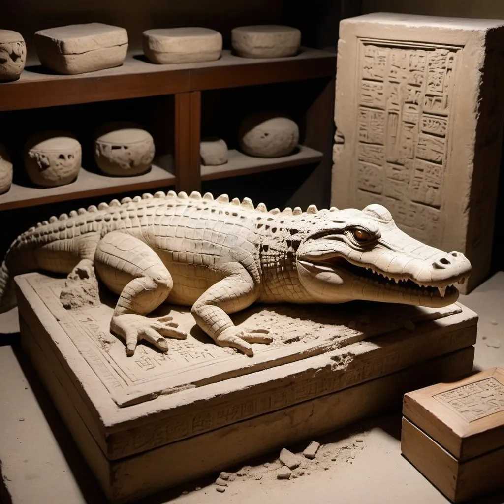 Prompt: An ancient plaster statue of a crocodile, dust, dirt, broken and damaged, cuneiform, carved stone tablet, ancient site, small decayed wooden boxes, clay jar