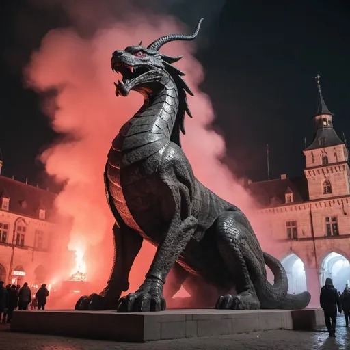 Prompt: a giant statue of a viper made by red glass, neon lights, The main square of the ancient city, Germany, Medieval atmosphere, A lot of smoke and fog, Knights on horses, soldiers of the royal guard are present in the field, Castles in the background, Gothic architecture, The fireplaces are lit, flags are raised, the floor is wet, stones are spread on the ground.