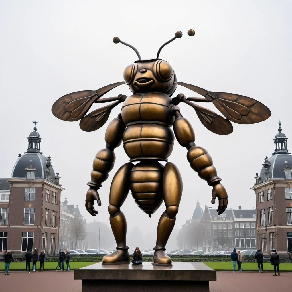 Prompt: a giant statue of a honey bee made of iron, art and craft style, William Morris, Urban Element, Royal Palace Amsterdam in background, people, taking photos, modernist atmosphere, fog