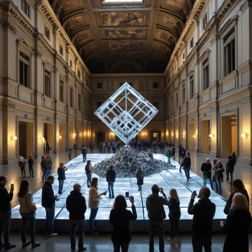 Prompt: An abstract sculpture of the Geographical sciences made from the discarded metal parts, creative, the Uffizi Gallery, crowd, visitors taking pictures with cellphones, artists, neon lights, fog, Narrow windows, A ray of sunlight, glass floor.