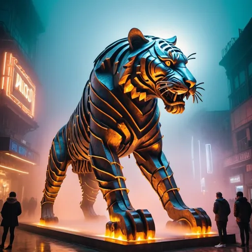 Prompt: giant statue of a wild tiger made of iron, art deco style,fog, neon lights, busy place, futuristic atmosphere, artistic people.