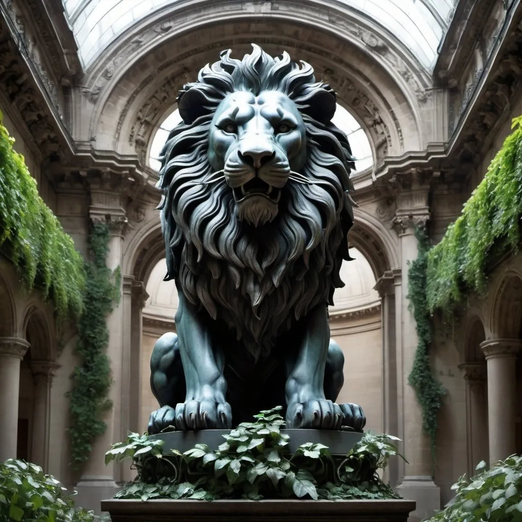 Prompt: a giant iron statue of lion, crown, Oxidized, art and craft, William Morris, Urban Element, Panthéon in Paris, gothic art, neo-gothic, an art deco sculpture, crowded, futuristic atmosphere, Blade flower, ivy, Filip Hodas, computer art, dystopian art, cyberpunk art.