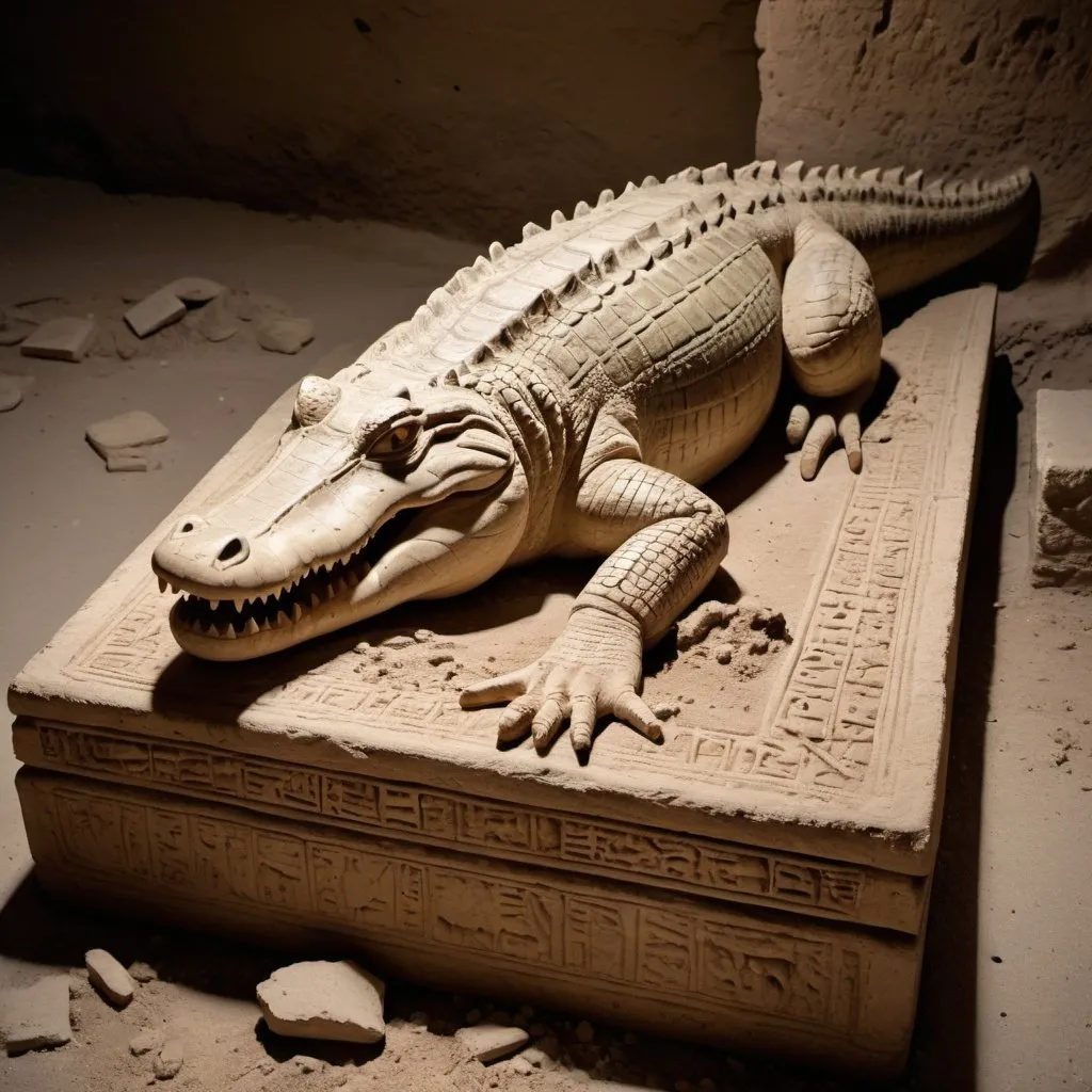 Prompt: An ancient damaged plaster statue of a crocodile, dust, dirt, broken and damaged, cuneiform, carved stone tablet, ancient site, small decayed wooden boxes, clay jar, worn carpet, Narrow apertures of light, Archaeological signs.