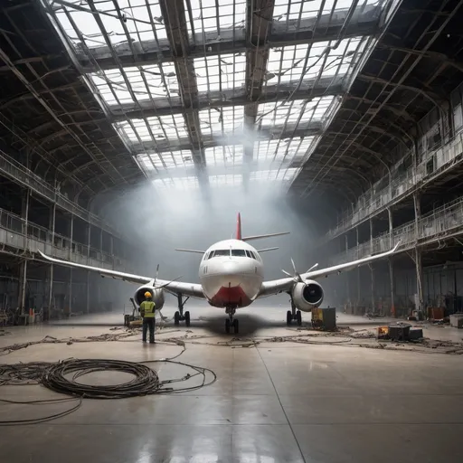 Prompt: A large hall with a glass ceiling and a concrete floor, windows, abandoned aeroplane parked, metal cables hanging from the ceiling and twisted, cables reaching the floor, long, bent and twisted, metal cable, creative, abstract, postmodern, the floor is filled with metal cables, untidy, disorderly, Two people in the background, mechanics engineer, taking notes, fog and smoke, red lights.