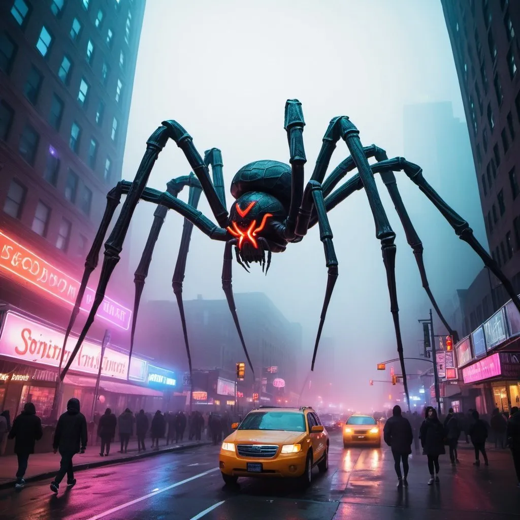 Prompt: giant statue of a spider, neon lights, New York city, the main Street, fog, busy place, futuristic atmosphere, artistic photography, modern, si fi area.