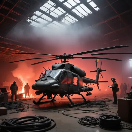 Prompt: A large hiding place with space frame roofs, spotlight projectors, Two abandoned helicopters parked, Boeing AH-64 Apache, cables reaching the floor, long, bent and twisted, abstract area, the floor is filled with metal cables, untidy, disorderly, 10 people in the background, mechanics engineer, pilot, taking notes, thick fog, burning firewood, neon lights, red lighting, Mechanical tools, side view, documentary atmosphere.