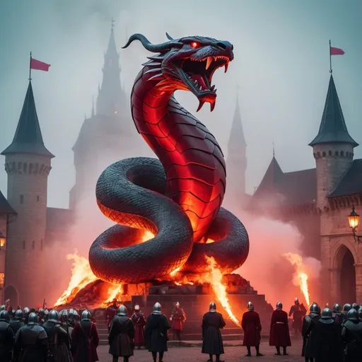 Prompt: a giant statue of a viper made by red glass, neon lights, The main square of the ancient city, Medieval atmosphere, A lot of smoke and fog, Knights and soldiers of the royal guard are present in the field, Castles can be seen in the background, The fireplaces are lit, The flags are raised.