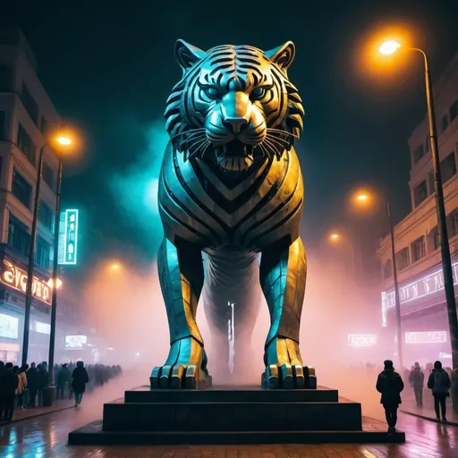 Prompt: giant statue of a wild tiger made of iron, art deco style,fog, neon lights, The symbol of the city in plaza, busy place, futuristic atmosphere, artistic people.