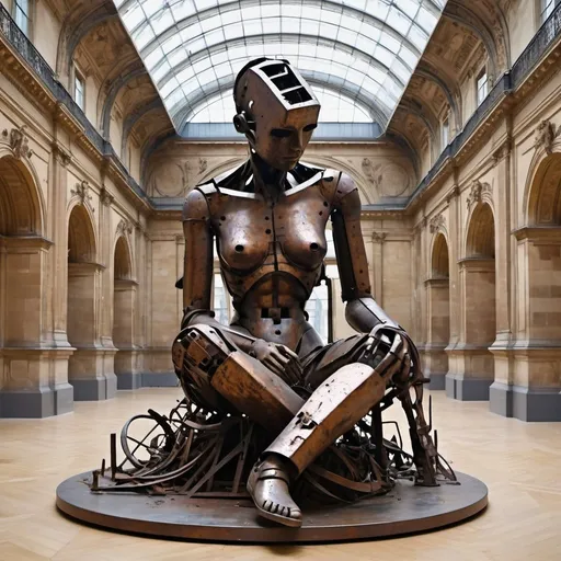 Prompt: An abstract sculpture of depression made from discarded metal parts, creative, Rusty, Louvre museum in Paris, busy place, futuristic atmosphere, artistic people.