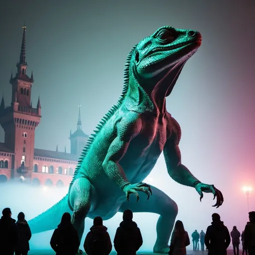 Prompt: giant statue of a lizard made of cast iron,Sforzesco Castle milan, fog, neon lights, futuristic atmosphere, artistic people, Lots of visitors.