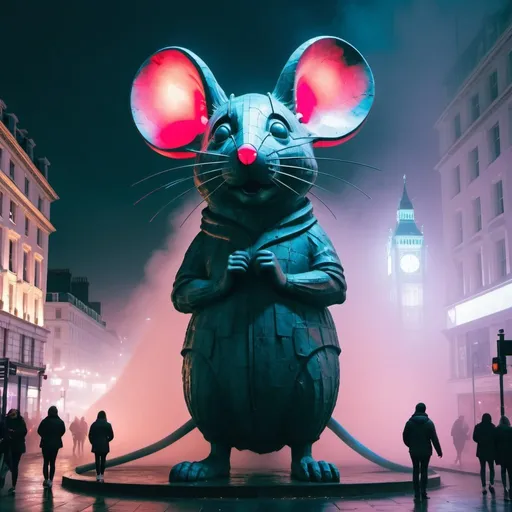 Prompt: giant statue of a mouse, London, fog, neon lights, busy place, futuristic atmosphere, artistic people.