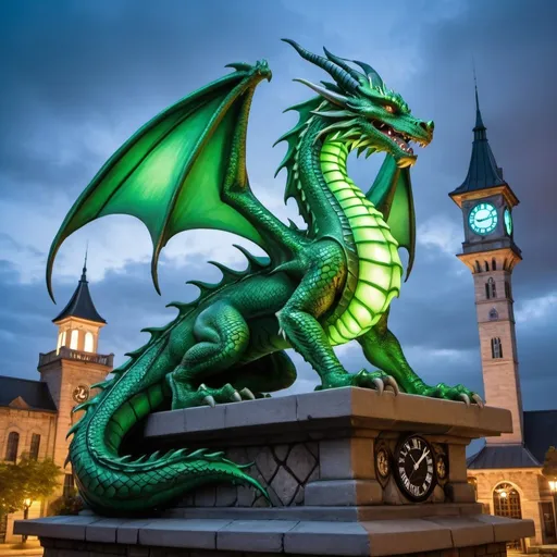 Prompt: a green dragon statue sitting on top of a stone platform next to a building with a clock tower in the background, Anne Stokes, fantasy art, dragon art, a statue, neon lights 