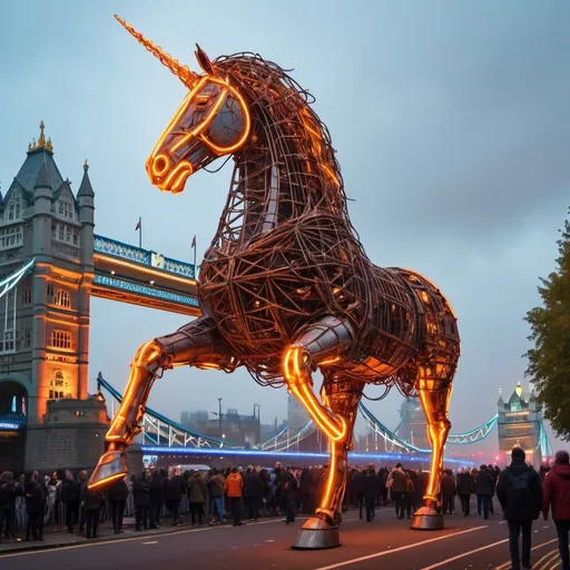 Prompt: a giant unicorn made by iron, Epic design, Iron rust, art and craft style, William Morris, street, tower bridge in the background, London, science fiction, Gathering of artists, neon lights, Busy day, traffic, fog, artistic, Innovative.