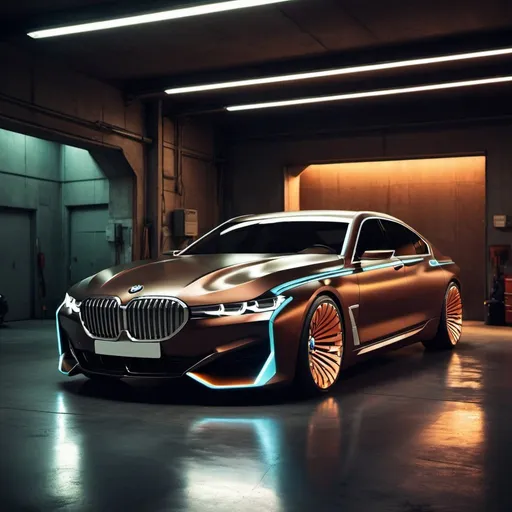 Prompt: concept of a futuristic bmw 767, dark brown, garage, neon lights 