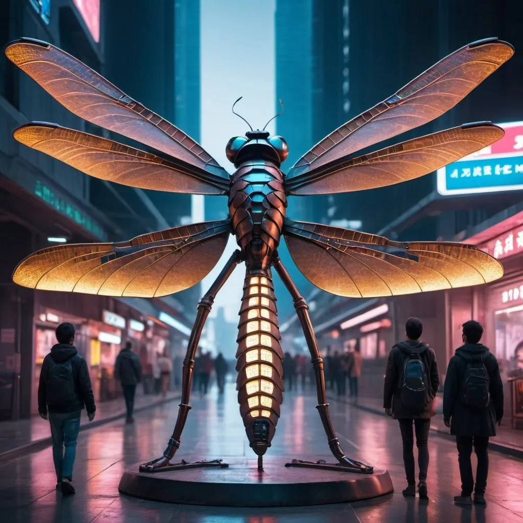 Prompt: a giant iron statues of science fiction dragonfly, innovative design, Accurate design with many details, standing on the floor, futuristic atmosphere, artistic, street, people in area, neon lights, Busy day, traffic.