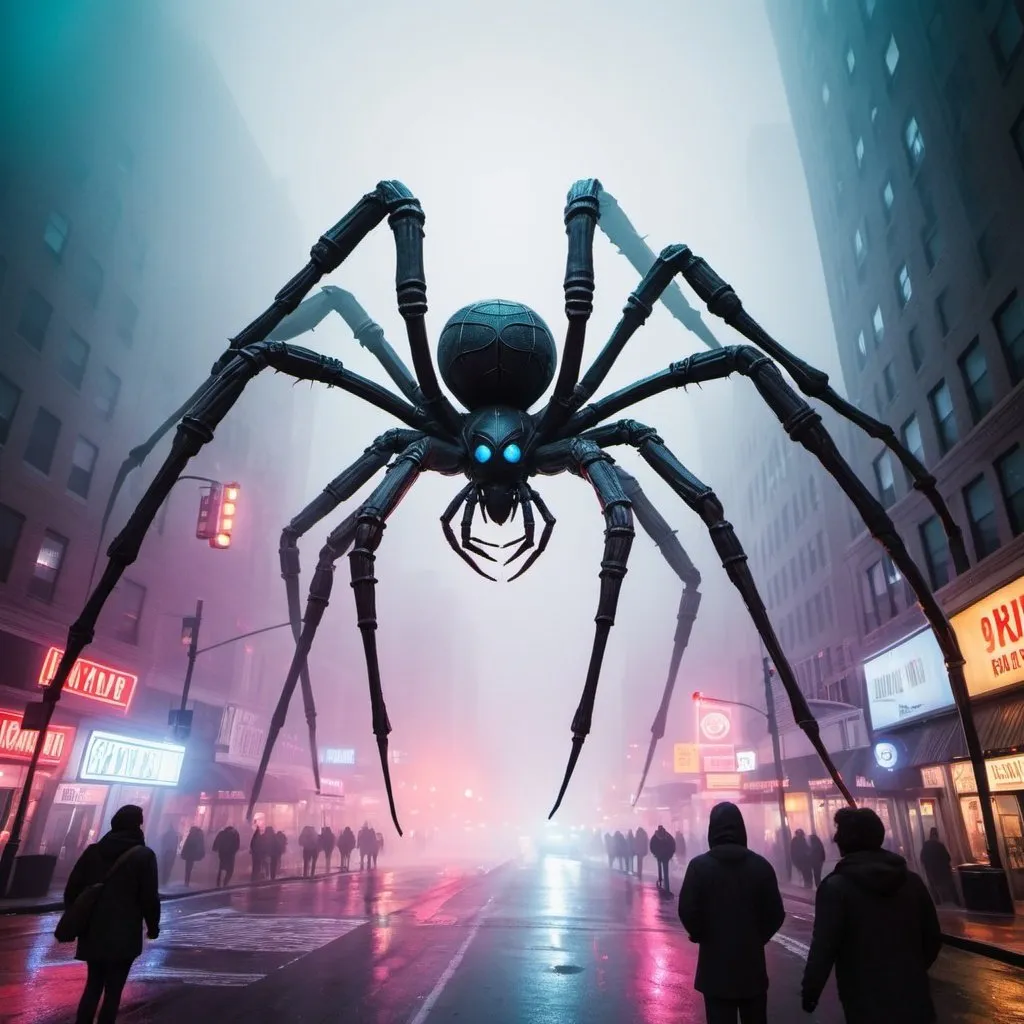 Prompt: giant statue of a spider, New York city, main Street, fog, neon lights, busy place, futuristic atmosphere, artistic photography, modern.