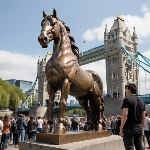 Prompt: a statue of a horse with a long mane standing in front of tower bridge, London, with a crowd of people, Ai Weiwei, magical realism, dystopian art, a bronze sculpture