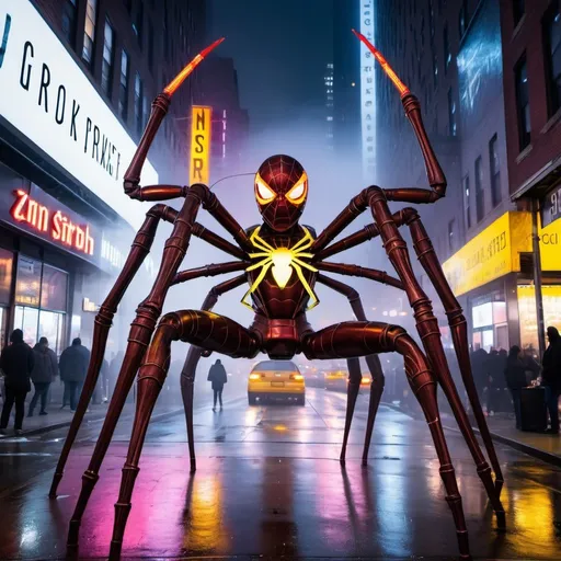Prompt: giant statue of a iron spider, robotic style, neon lights, New York city, W 34th street, fog, busy place, futuristic atmosphere, artistic photography, modern, si fi area