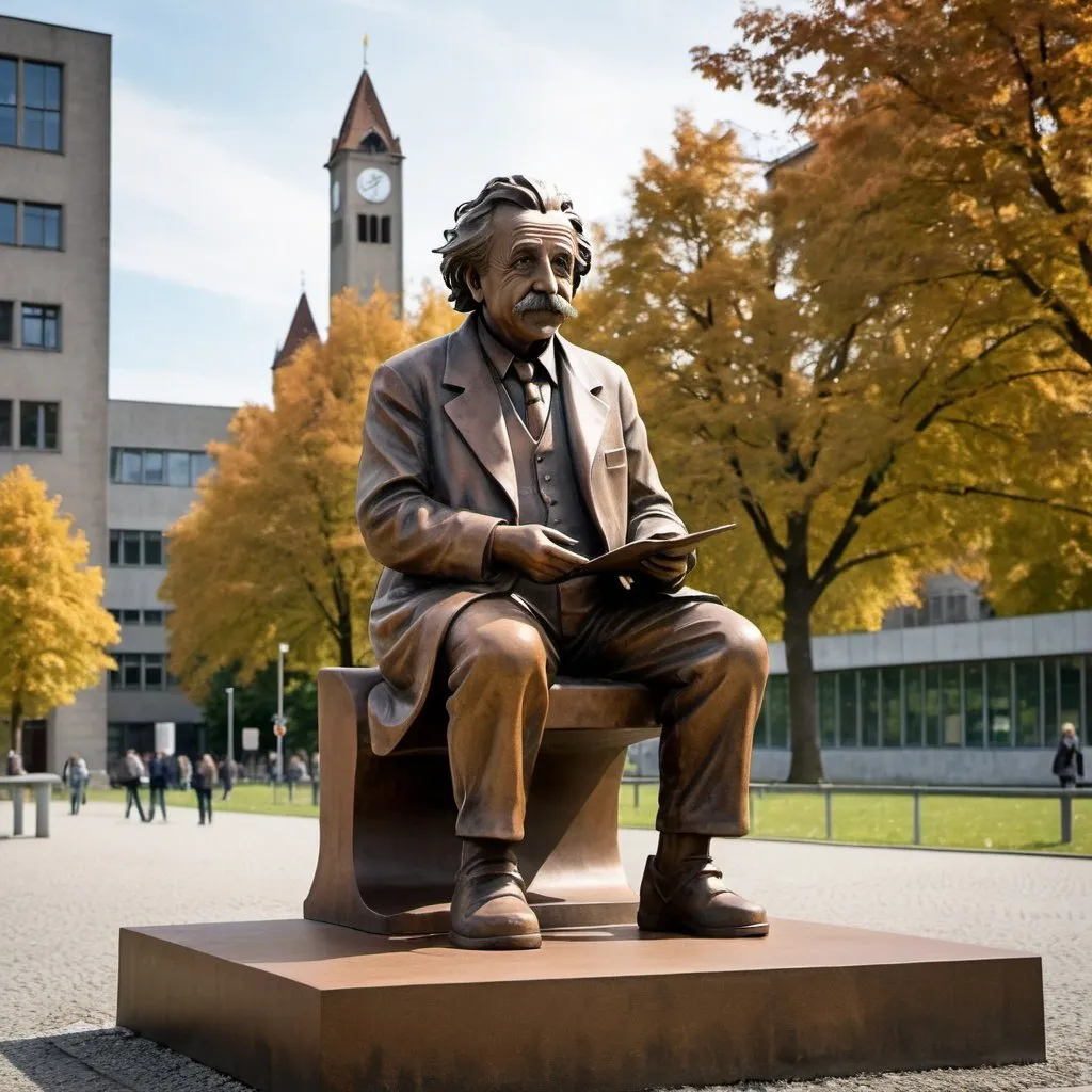 Prompt: a statue of alber Einstein made of cast iron, Cast iron rust effect, Zürich university campus in background, futuristic atmosphere, science fiction, people in area, Gathering of scientists, artificial light, Busy day, traffic, artistic, Innovative, physics symbols.