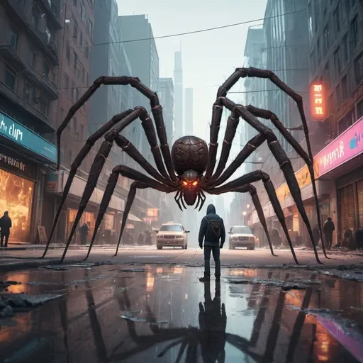 Prompt: a giant spider is standing in the middle of a city street with a man standing in front of it, Filip Hodas, computer art, dystopian art, cyberpunk art
