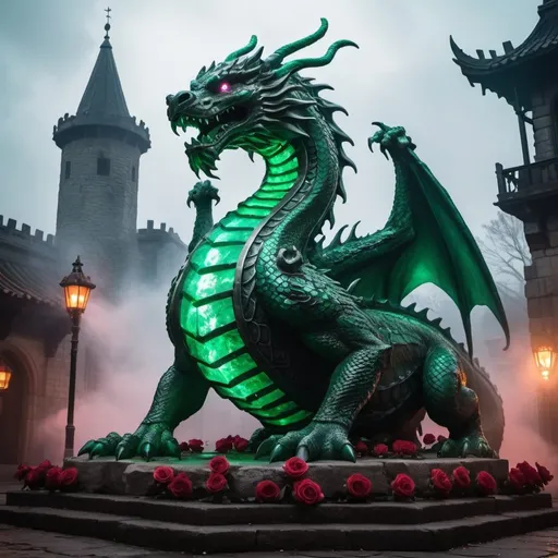 Prompt: A giant majestic serpentine emerald dragon statue, historical location, Realistic and detailed, neon lights, rose flowers, Combination of smoke and fog, The atmosphere of the Middle Ages, Rough stones can be seen around the statue, A part of a burnt building can be seen in the corner of the picture, cinematic 