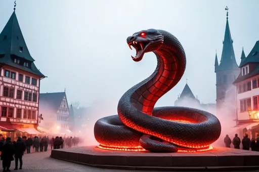 Prompt: a giant statue of a cobra snake made of red stone, neon lights, The main square of the ancient city, Germany, Medieval atmosphere, A lot of smoke and fog, many Knights, many horses, a lot of soldiers, Castles in the background, Gothic architecture, The fireplaces are lit, flags are raised, the floor is wet, stones are spread on the ground, 1390 A.D