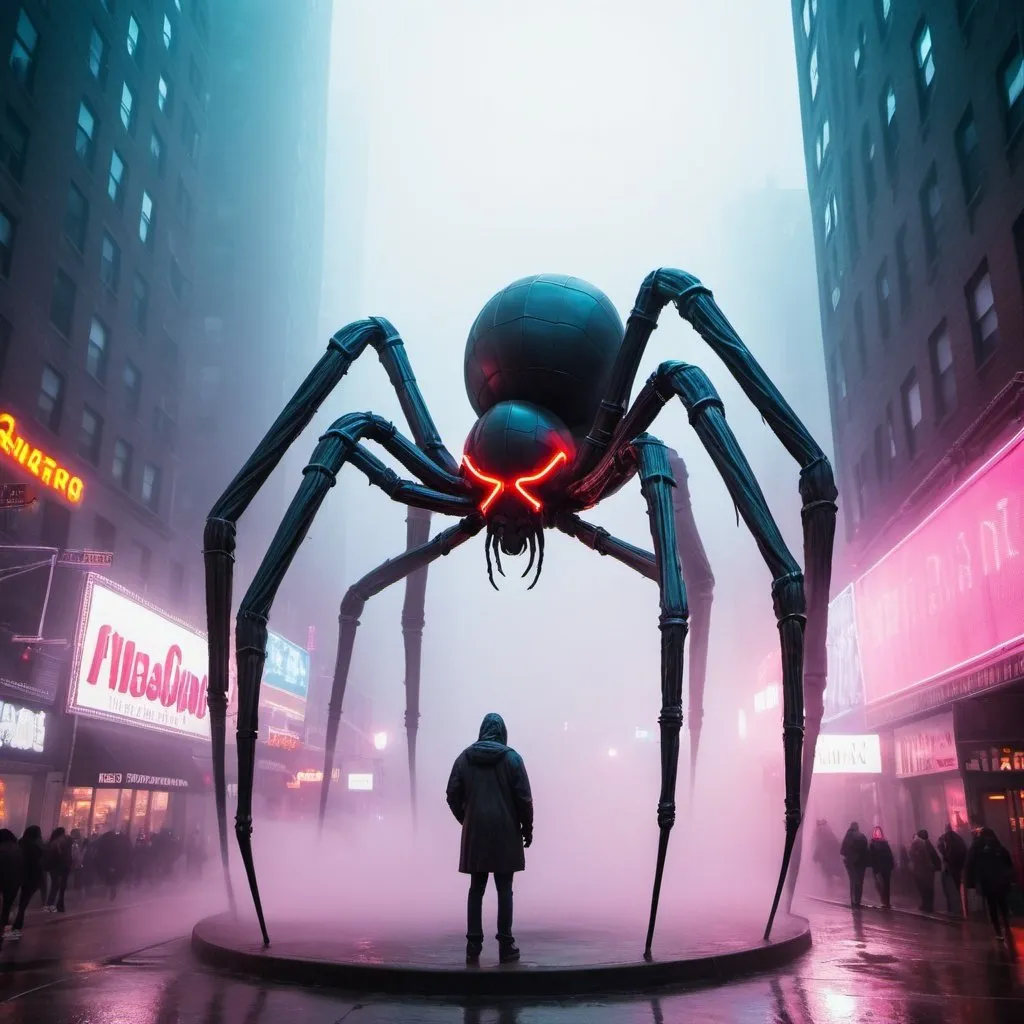 Prompt: giant statue of a spider, New York city, fog, neon lights, busy place, futuristic atmosphere, artistic people 