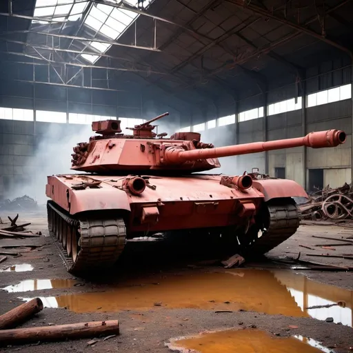 Prompt: one abandoned M1 Abrams Tank parked in an old military airport, an explosed helicopter in background, Dilapidated plane, a lot of rust, very worn out, very Rusty, damaged, Exploded buildings, Muddy land, Industrial waste, Metal pipes, industrial fan left on the ground, dirty water on the floor, thick fog, burning firewood,fire, neon lights, red lighting, Mechanical tools, side view, documentary atmosphere.
