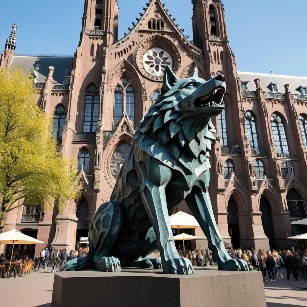 Prompt: a giant Oxidized cast iron statue of a big wolf, The wolf is howling, Antoni Gaudí style, Neo-Gothic, Urban Element, standing in front of The New Church Amsterdam, busy place, People take pictures of the statue, artistic atmosphere, spring morning, flowers everywhere.