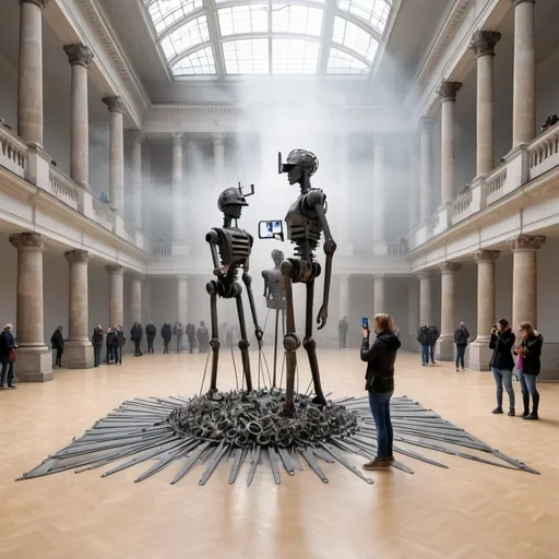 Prompt: An abstract sculpture of the historiology, made from the discarded metal parts, creative, the Humboldt Forum in Berlin, crowd, visitors taking pictures with cellphones, artists, LED lighting, fog, Narrow windows, A ray of sunlight, polished floor.