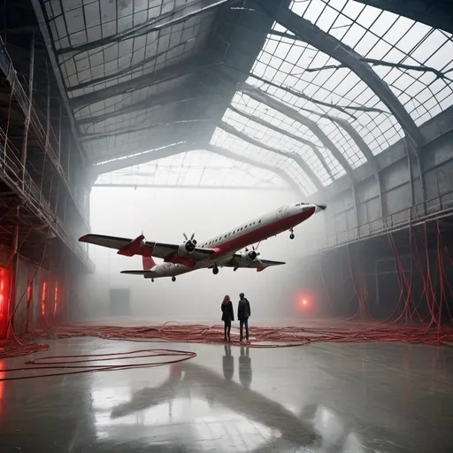 Prompt: A large hall with a glass ceiling and a concrete floor, windows, abandoned aeroplane, metal cables hanging from the ceiling and twisted, cables reaching the floor, long, bent and twisted, metal cable, creative, abstract, postmodern, the floor is filled with metal cables, untidy, disorderly, Two people in the background, taking pictures, fog and smoke, red lights