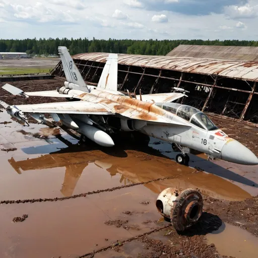 Prompt: abandon Boeing EA-18G Growler parked on an old football stadium, Dilapidated aircraft, a lot of rust, very worn out, very Rusty, damaged, Muddy land, Industrial waste, Metal pipes, industrial fan left on the ground, dirty water, many children in the background, 2 women walking, summer.