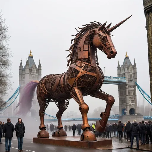 Prompt: a giant unicorn made by iron, Epic design, Iron rust, art and craft style, William Morris, street, tower bridge in the background, London, science fiction, Gathering of artists, Hidden artificial light, Busy day, traffic, fog, winter, artistic, Innovative, Artists' celebration day.