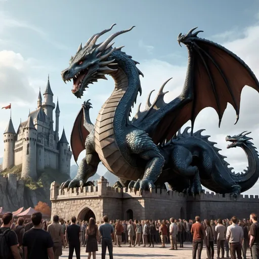 Prompt: a large dragon statue in front of a castle with people standing around it and a crowd of people standing around it, Daarken, cobra, dragon art, concept art