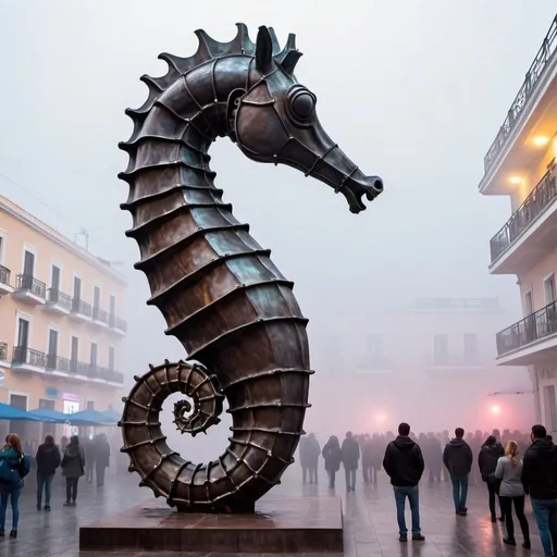 Prompt: giant statue of a Seahorses made of iron, Oxidized, Aristotelous Square in Greece, fog, neon lights, futuristic atmosphere, artistic people, many of visitors.